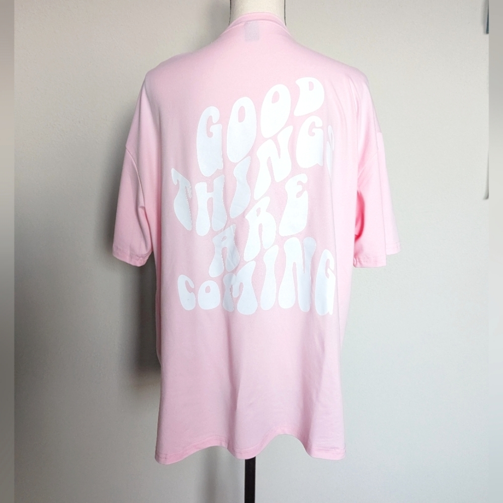pink and white Good things are coming oversized t-shirt size M